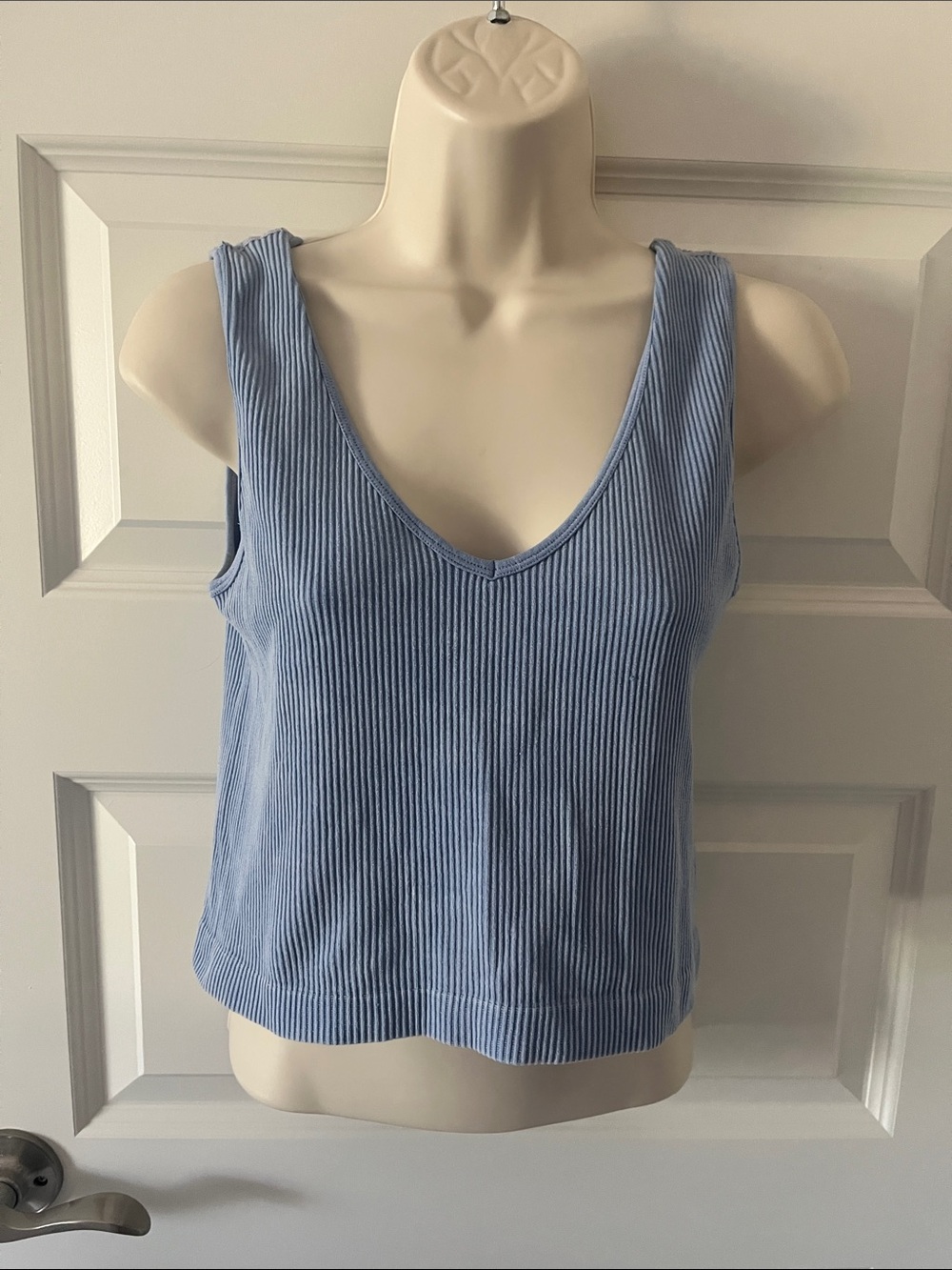 Sleeveless V-Neck Ribbed Tank Top in Powder Blue